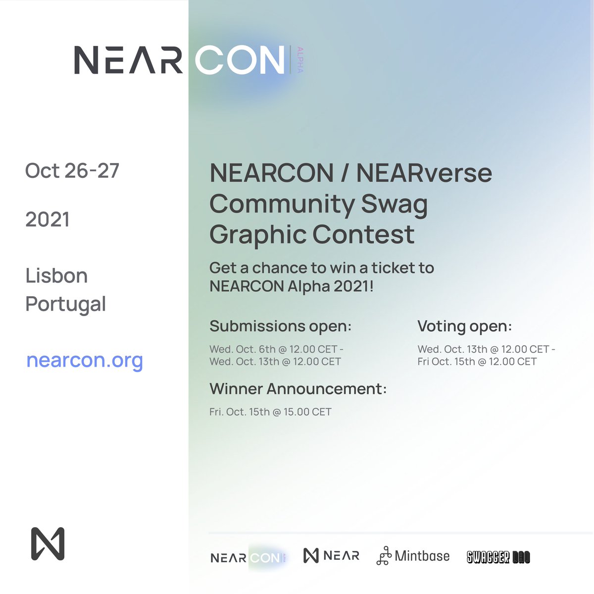 NEARProtocol's tweet photo. The Community Swag Contest has started! 🎉

Don’t miss out on the chance to see your artwork on #NEARCON swag! 

🎨Artwork submission:
Start Oct. 6th - 12.00 CET
End  Oct. 13th - 12.00 CET

Mint your #NEARVERSE artwork on @mintbase 
Submit now! 🔽 
https://t.co/t2ssrhus5O https://t.co/Xie5Lr2xvu