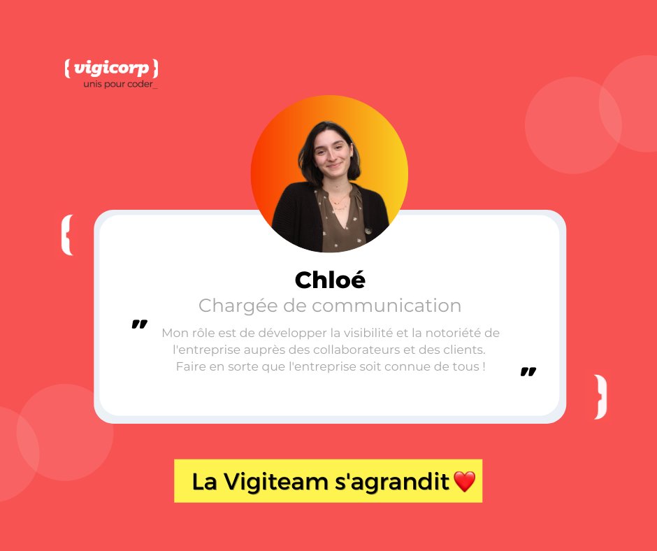 Vigicorp's tweet photo. Vigicorp s'agrandit et vous présente Chloé qui rejoint l'équipe #Communication ! 
#Bienvenue à Vigicorp ! 👋

#webdevagency https://t.co/2dVWYzFlZ7