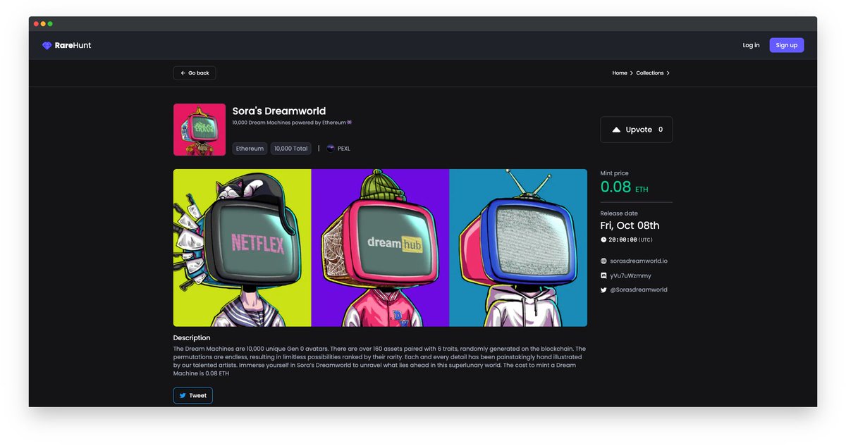 RareHunt's tweet image. Sora's Dreamworld #NFT @Sorasdreamworld just added on @RareHunt 

10,000 Dream Machines powered by Ethereum

Discord: discord.com/invite/yVu7uWz…
RareHunt: rarehunt.io/collections/so…