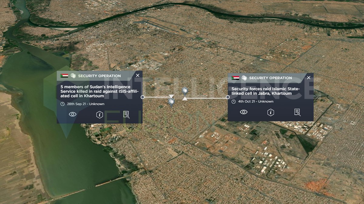 🇸🇩: Security forces in #Sudan conduct raids targeting an ISIS-linked cell.

- 5 counter-terrorism officers were killed during the first raid.
- 1 officer and 4 cell members were killed during the second.

Map via <a href="/IntellFusion/">Intelligence Fusion</a>: intelligencefusion.co.uk