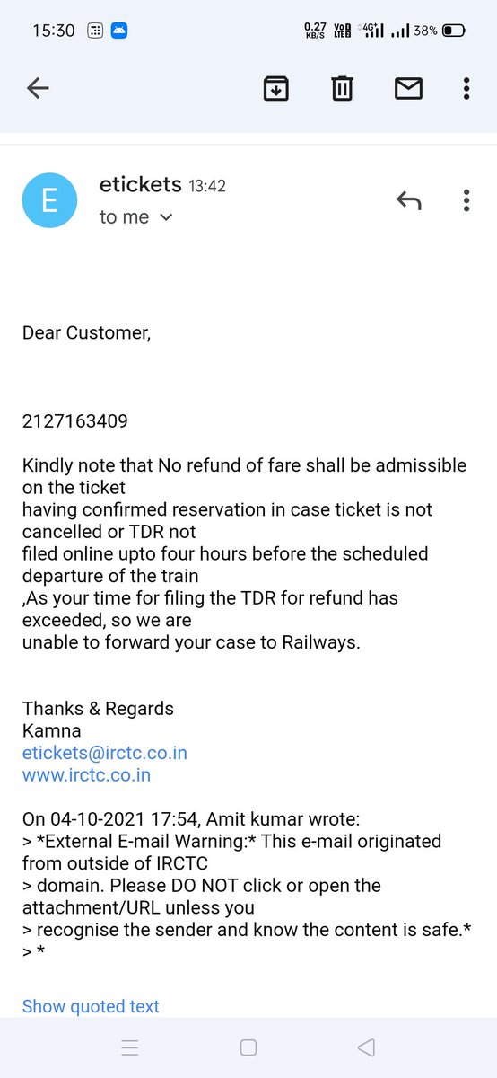 amit_not_found's tweet photo. @RailMinIndia Train departed before the scheduled departure time which was mention on ticket and now railway is denying for the refund https://t.co/qAgfO2OH5m