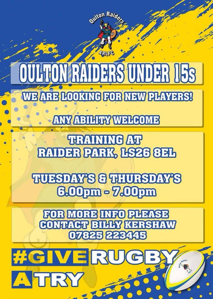 RaidersOulton's tweet photo. Please RT @YorkshireJunior @TheRFL @RugbyLeeds @SkySportsRL @leedsrhinos @Ryan5Hall @PeterSmithYEP @DCravenYPSport @newsjobsinfo @RothwellLions @CricketOulton @JrRaidettes @OultonRaidettes https://t.co/l18h8AoClU