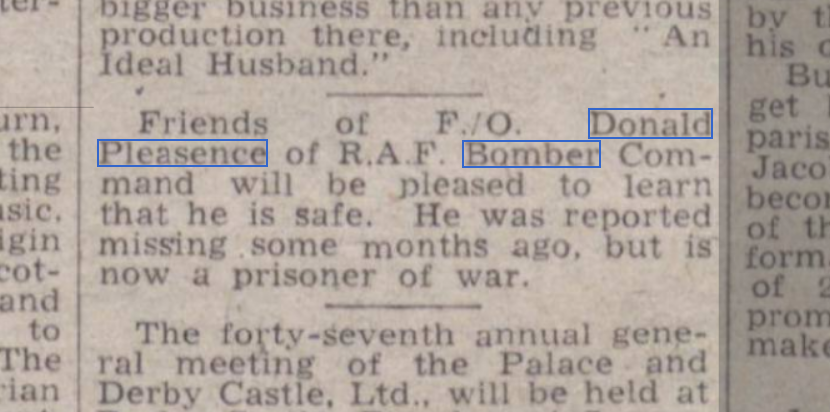 6thairborne's tweet photo. Donald Pleasence's survival from Lancaster III #NE112 crash reported in @TheStage 23rd November 1944 
shot down whilst targetting V-2 site. 
Crashed near St-Riquier 31st August 1944. #166Squadron #BomberCommand https://t.co/ZbsrYEDsSk