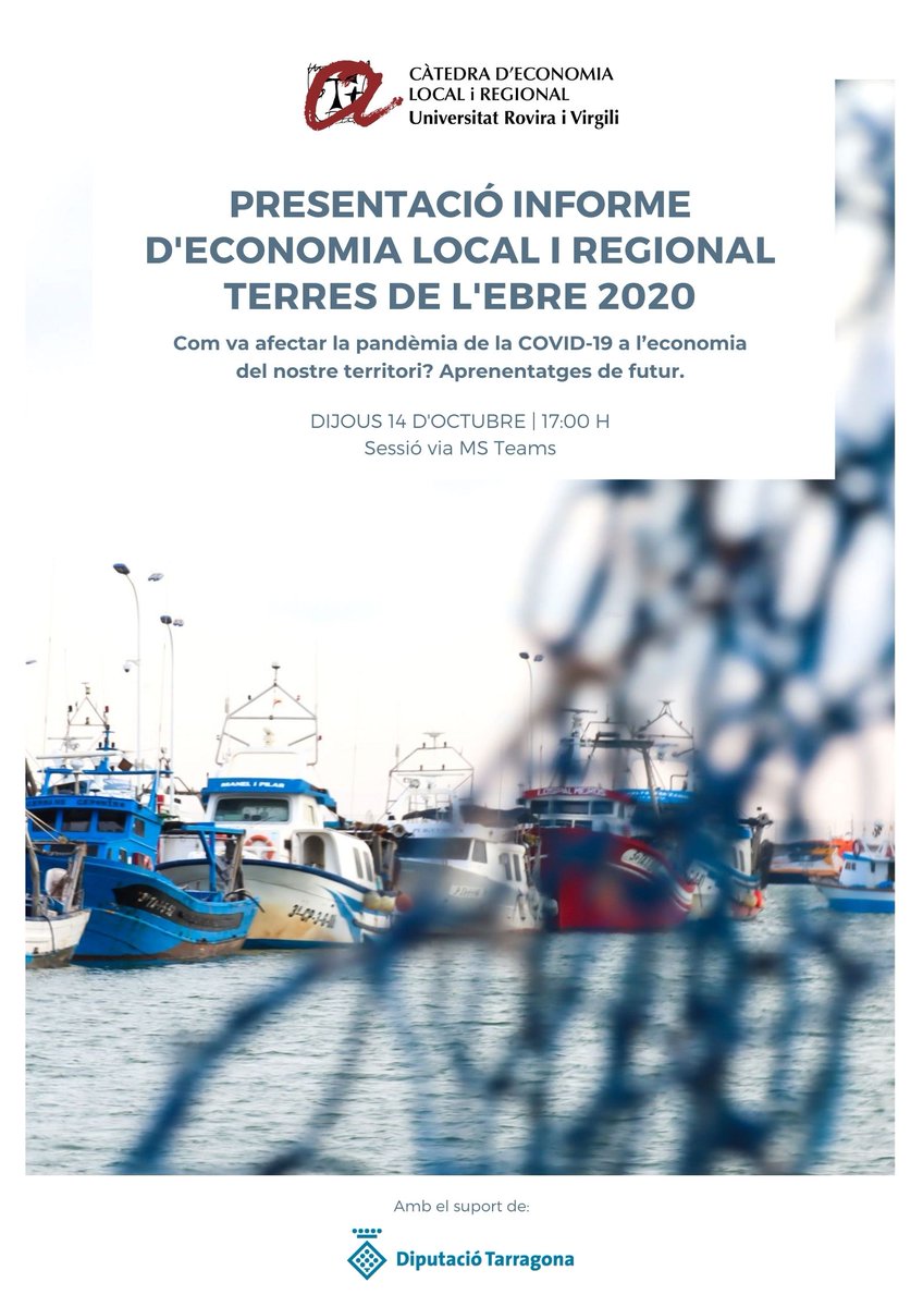CATEDRAECOCTE's tweet photo. Us convidem, el proper dijous 14 d'octubre, a les 17h, a la presentació dels resultats de l'Informe d'Economia Local i Regional de les Terres de l’Ebre 2020. 
La sessió serà oberta a través de MS Teams i permet participar a tothom mitjançant aquest enllaç https://t.co/rlKIlAkTYt https://t.co/53SBrYXQAv
