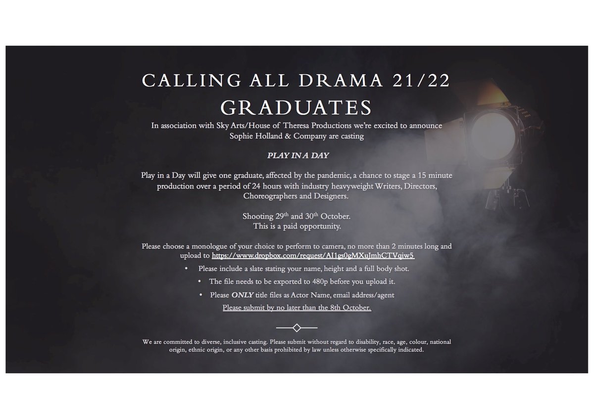 📣CALLING ALL 2020/2021/2022 graduates. You have just 3 days left to submit your tapes for PLAY IN A DAY! 

<a href="/SophHollandCast/">SophieHollandCastingCSA</a>