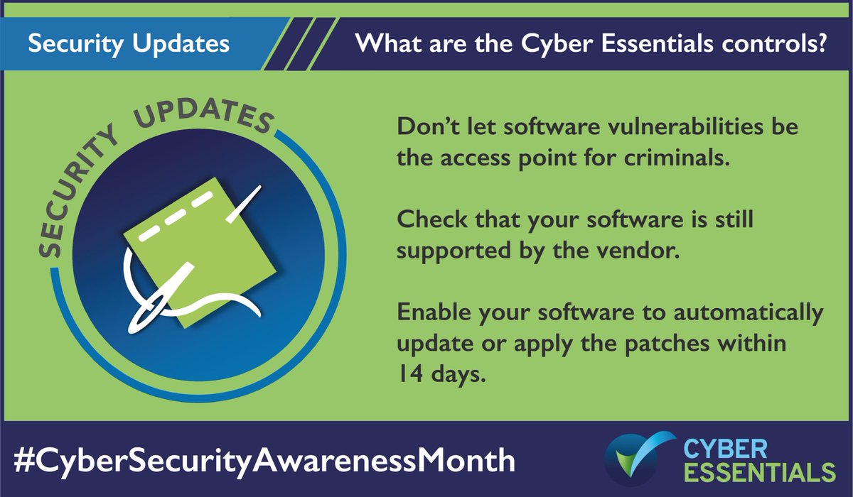 IASME1's tweet photo. The 3rd #CyberEssentials control we are looking at for #CyberSecurityAwarenessMonth is Security Update Management.

Enable your #software to automatically update or apply the patches within 14 days.

Read more about Security Update Management here https://t.co/DfPNUAgzsl https://t.co/IUzvlvaHpM