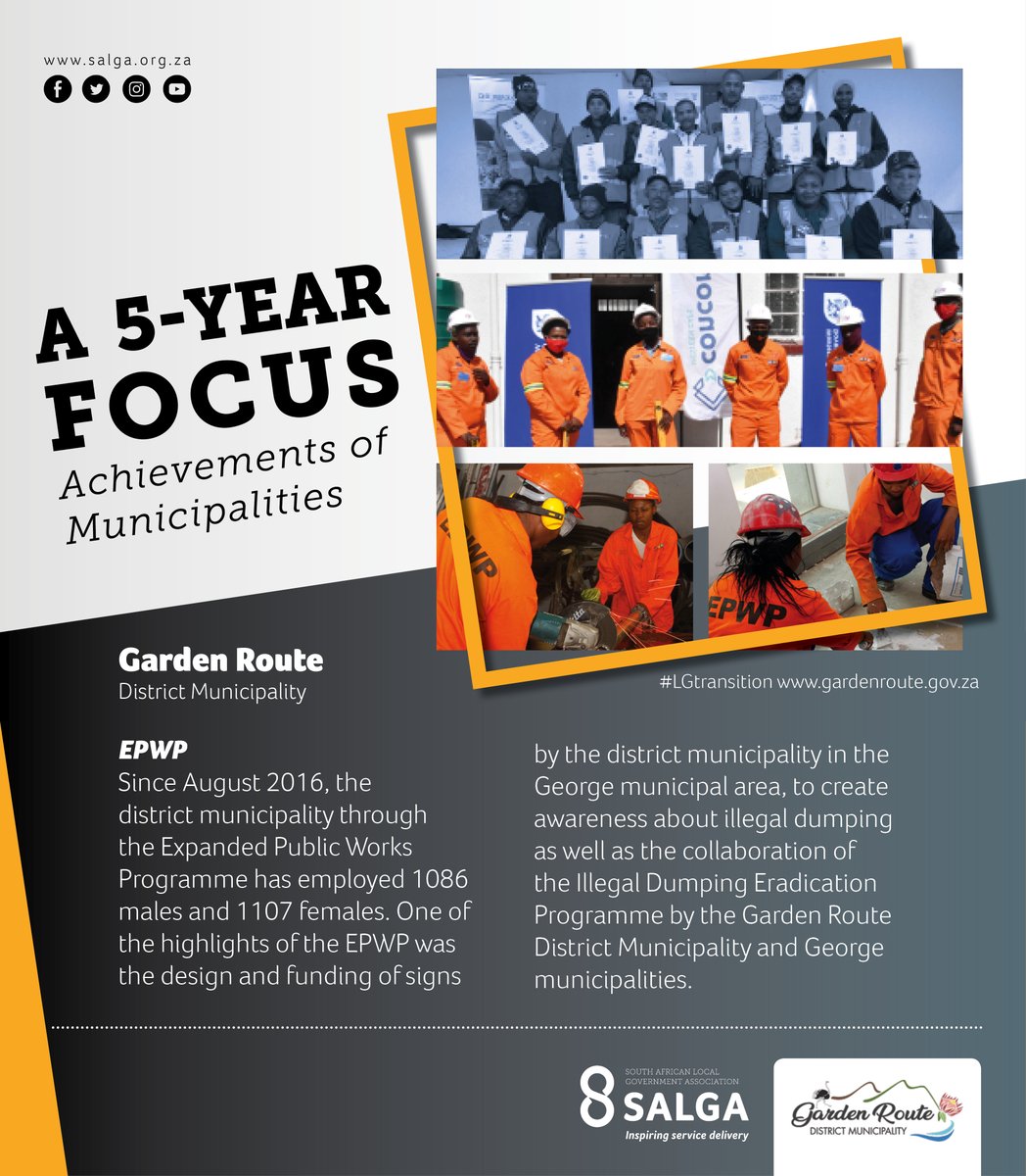 SALGA_Gov's tweet photo. A 5 year focus: Municipal Achievements and Milestones #lgtransition
Today we focus on the @GardenRoute_DM as the municipality highlights its service delivery milestones and achievements of 2016 - 2021.
#lgtransition
#20yearsofdemocraticlg
#InspiringServiceDelivery https://t.co/mZ8srGZNVZ