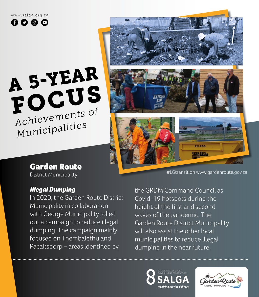 SALGA_Gov's tweet photo. A 5 year focus: Municipal Achievements and Milestones #lgtransition
Today we focus on the @GardenRoute_DM as the municipality highlights its service delivery milestones and achievements of 2016 - 2021.
#lgtransition
#20yearsofdemocraticlg
#InspiringServiceDelivery https://t.co/mZ8srGZNVZ