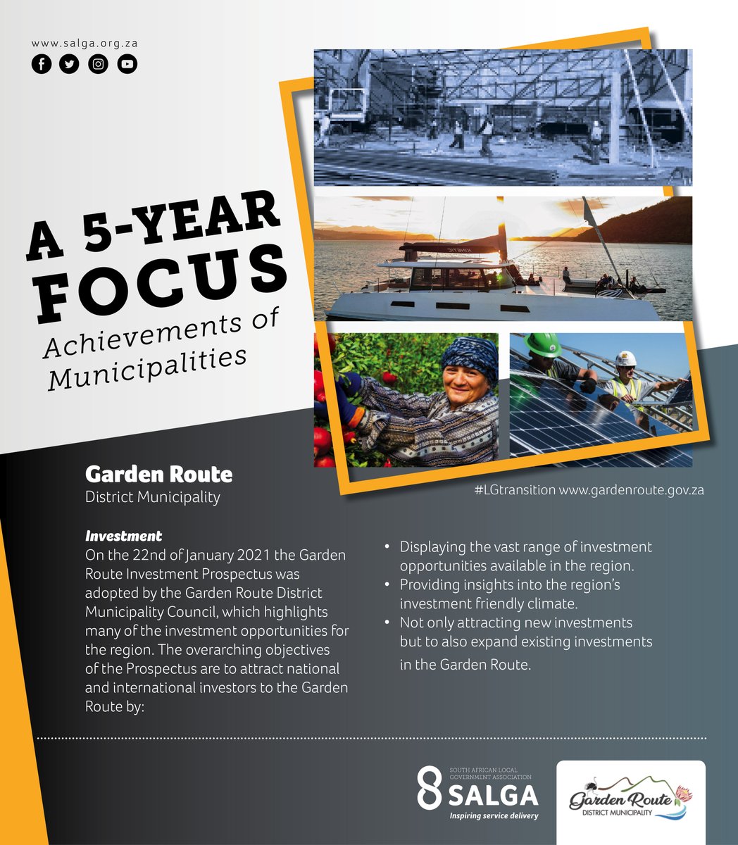 SALGA_Gov's tweet photo. A 5 year focus: Municipal Achievements and Milestones #lgtransition
Today we focus on the @GardenRoute_DM as the municipality highlights its service delivery milestones and achievements of 2016 - 2021.
#lgtransition
#20yearsofdemocraticlg
#InspiringServiceDelivery https://t.co/mZ8srGZNVZ