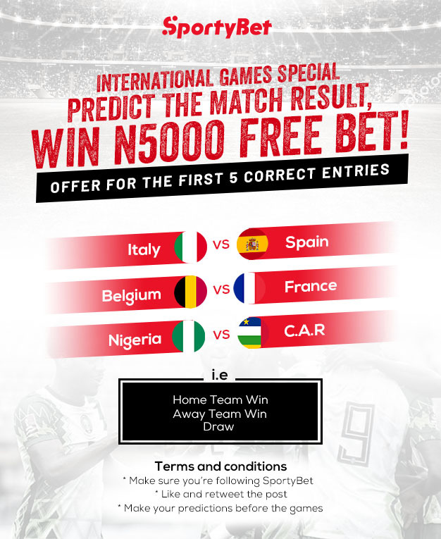 SportyBet's tweet photo. International Games Special!

Predict the result of each of these 3 games i.e 👇

Home Team Win
Away Team Win
Draw

The first 5 people with the correct predictions win #5000 Free Bets

T&amp;Cs apply: Only opened to registered SportyBet users in Nigeria
#ITAESP #BELFRA #NationsLeague https://t.co/xXPIrcZJr9
