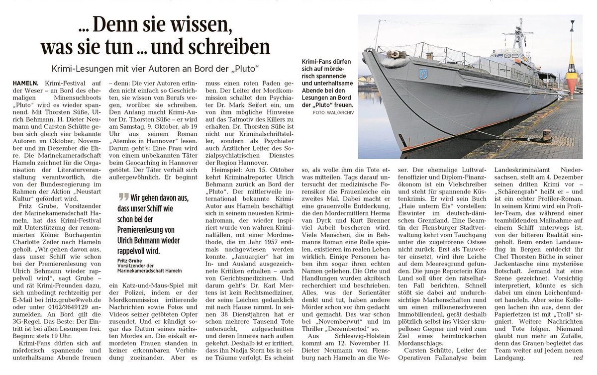 UBehmann's tweet photo. #Januargier beim #Krimi-Festival auf der Weser. Auf dem ehemaligen Minensuchboot „Pluto“ der Freunde der #Marinekameradschaft #Hameln, das an der Kaimauer in #Hameln fest vertäut liegt, lese ich am Freitag, 15. Oktober, ab 19 Uhr aus meinem neuesten #Krimi. Quelle: @Dewezet https://t.co/yd4cT6U7Mg