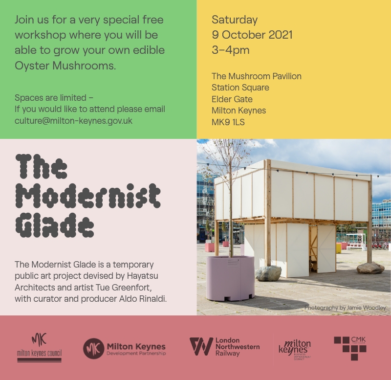 Join us on Saturday 9th Oct for a free Oyster Mushroom growing workshop. Held in the #mushroompavilion in #stationsquare as part of #themodernistglade #publicart #commission by @takeshihayatsu and #tuegreenfort. Starts at 3pm. Book a slot culture@milton-keynes.gov.uk