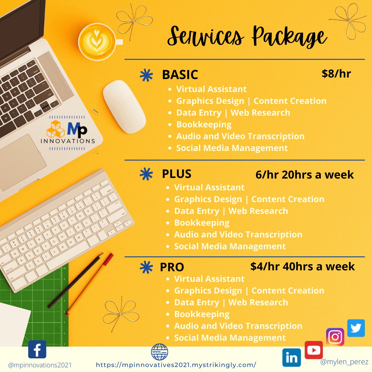 mylen_perez's tweet photo. ✨ Virtual Assistance Package ✨
Web Research| Graphics Design| Data Entry| Content Creation|A/V Transcription
Hi there! I am Mylen, your general virtual assistant. Want to grab a service package? 
Visit https://t.co/OPXEbL6A9M #mylengva #VirtualServices #VArate #VAservicepackage https://t.co/5WrJdEqsoE