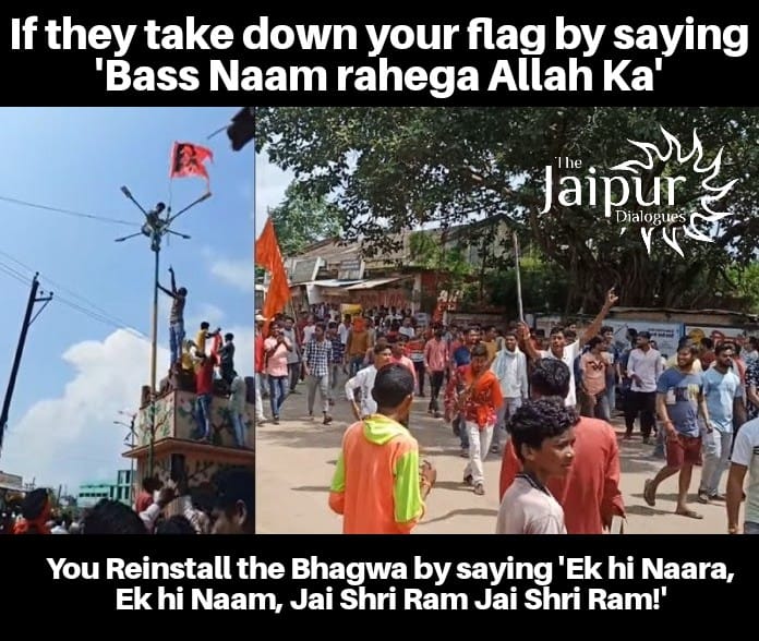 JaipurDialogues's tweet photo. Hindu groups reinstall saffron flag at the same spot in Kawardha where Mu$l:m mob had ripped it off. 
Jai Shri Ram!

#kawardha #Hinduism https://t.co/EfOH13TTqF