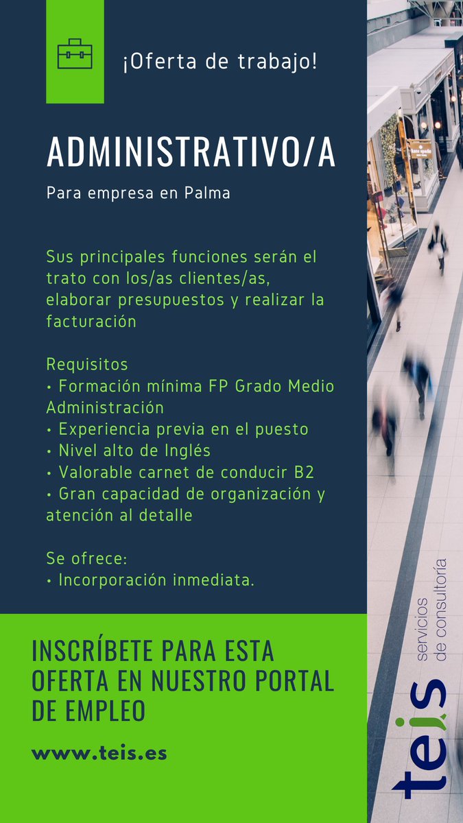TeisConsult's tweet photo. ¡Buenos días!
Empezamos el miércoles con nuevas ofertas de trabajo📢
Buscamos a un/a administrativo/a y a un/a mozo/a de almacén con posibilidad de incorporación inmediata.
Inscríbete para esta oferta en nuestro portal de empleo en https://t.co/SCftncvtXL o comparte este tweet🔁 https://t.co/NxrerHCx71