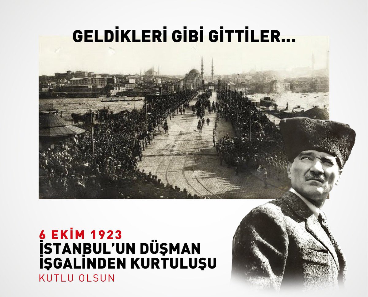 İstanbul’un düşman işgalinden kurtuluşunun yıl dönümünde Gazi Mustafa Kemal Atatürk başta olmak üzere tüm kahramanlarımızı rahmet ve minnetle anıyoruz.

#6Ekim İstanbul'un Kurtuluşu Kutlu Olsun!🇹🇷