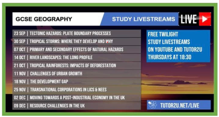 humanities_hhs's tweet photo. Attention @HessleHigh GCSE geographers! Some fab live revision for FREE on the Tutor2U Youtube channel and website! Here's the link to the next one on natural hazards https://t.co/HGsJl7U6So - Thursday (7/10/21) at 6.30pm. See what else is on below! 🌍 🌟 https://t.co/W7r29pi0Fb