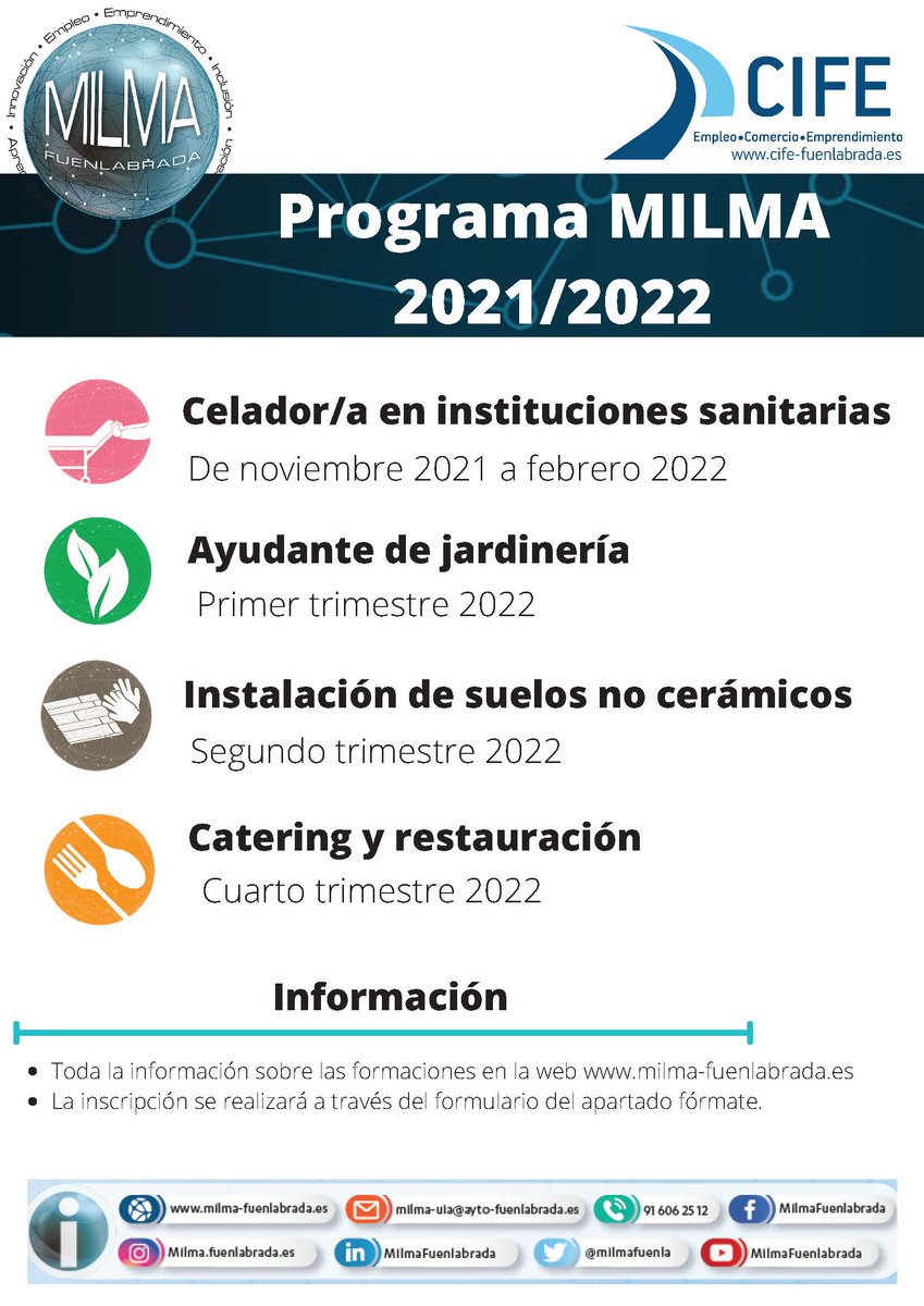 Buenos días.
Os presentamos el programa de formaciones MILMA para el curso formativo 2021-2022.👏👏👏👏
En breve se abrirá el plazo para la inscripción a la formación de celador/a en instituciones sanitarias