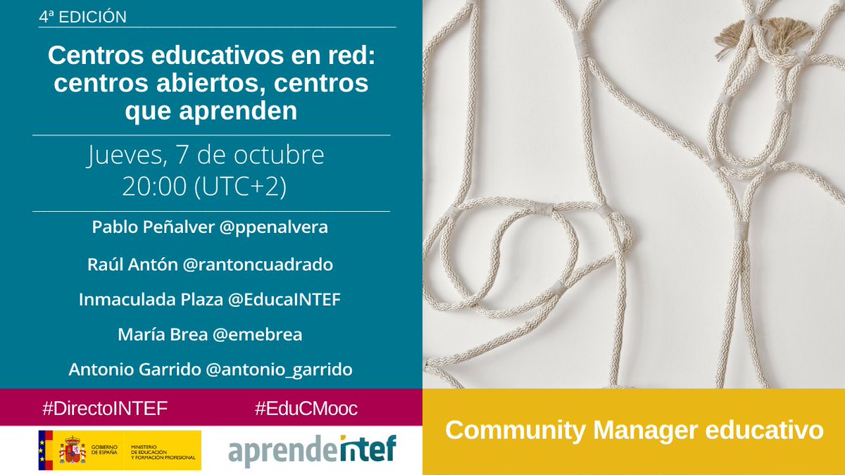 educaINTEF's tweet photo. 📹¡No te pierdas esta tarde la mesa redonda virtual de #EduCMooc "Centros educativos en red: centros abiertos, centros que aprenden"! #DirectoINTEF

Contaremos con @rantoncuadrado, @ppenalvera, Inmaculada Plaza, @antonio_garrido y @emebrea 

⌛️A las 20:00

https://t.co/WmzIGtcXYT https://t.co/ECFCDo8tgW