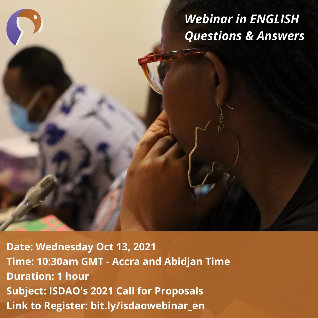 ISDAOSankofa's tweet photo. #AtISDAO
We are organizing a Webinar in #ENGLISH for Questions and Answers about our ongoing 4th Regional Call for Proposals.

Date: October 13, 2021
Time: 10:30 AM - GMT Accra and Abidjan time.

Link to register: https://t.co/3jefyU2yVd https://t.co/jRcI6uNneQ