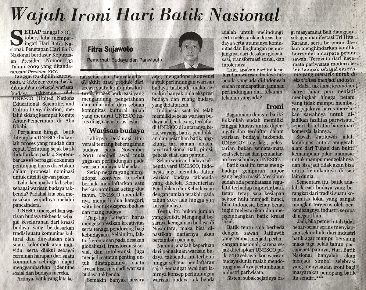 Lagi-lagi, pelestarian budaya bukan semata-mata soal selebrasi dan pendaftaran kreasi budaya di UNESCO.

Kolom Opini Harian Pikiran Rakyat, 06/10/21.