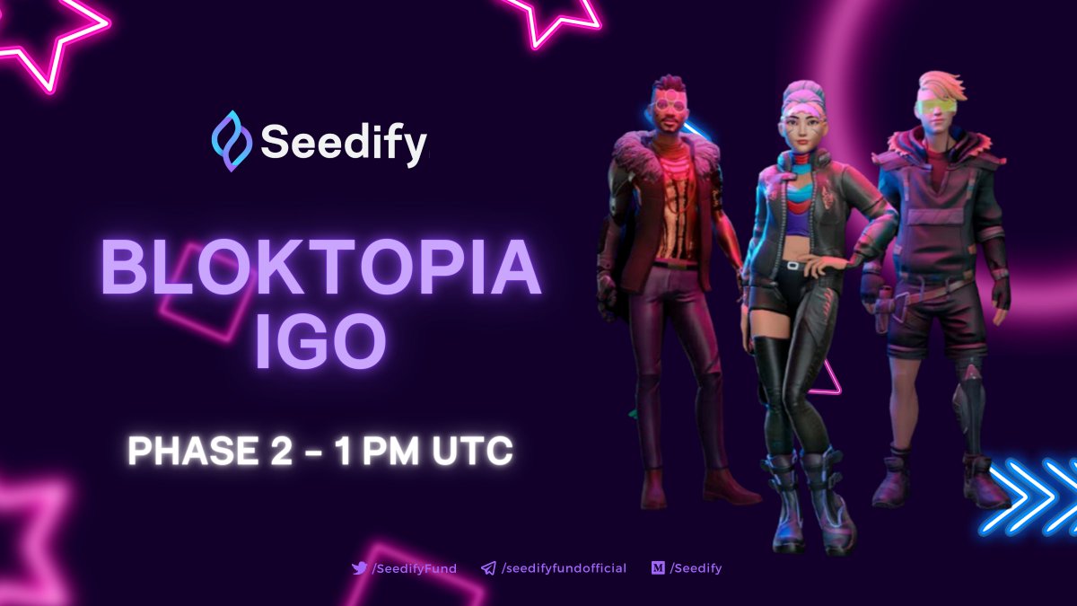 Don't forget <a href="/bloktopia/">Bloktopia</a> #IGO Phase 2 today! ⏰⚡ 

👉Phase 2 FCFS starts at 1 pm UTC and is open for tiers 1 to 6 with 1x allocation. 

📈$BLOK Listing today at 3 pm UTC <a href="/kucoincom/">KuCoin</a> and <a href="/QuickswapDEX/">QuickSwap 🐲 DragonFi 2.0</a>. 
📃Whitelist: bit.ly/BLOK_WL

#blockchaingame #play2earn #launchpad