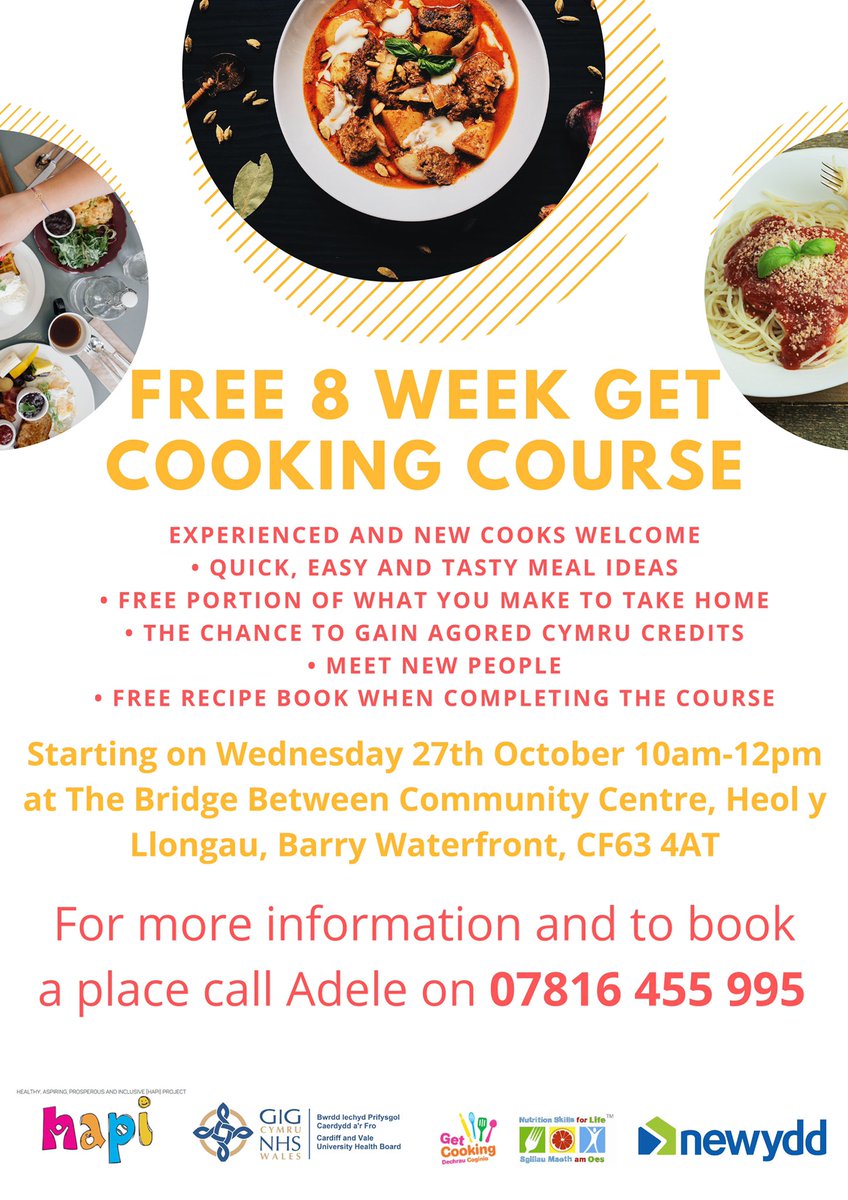 hapiCymru's tweet photo. Free Get Cooking course starting in 3 weeks! Contact Adele on 07816455995 for more information and to book a place @mmewcav @CV_UHB @VOGCouncil @cav_dietetics @NewyddHousing #healthycooking #HealthyLiving #learnnewskills https://t.co/hxRwH4CZBn