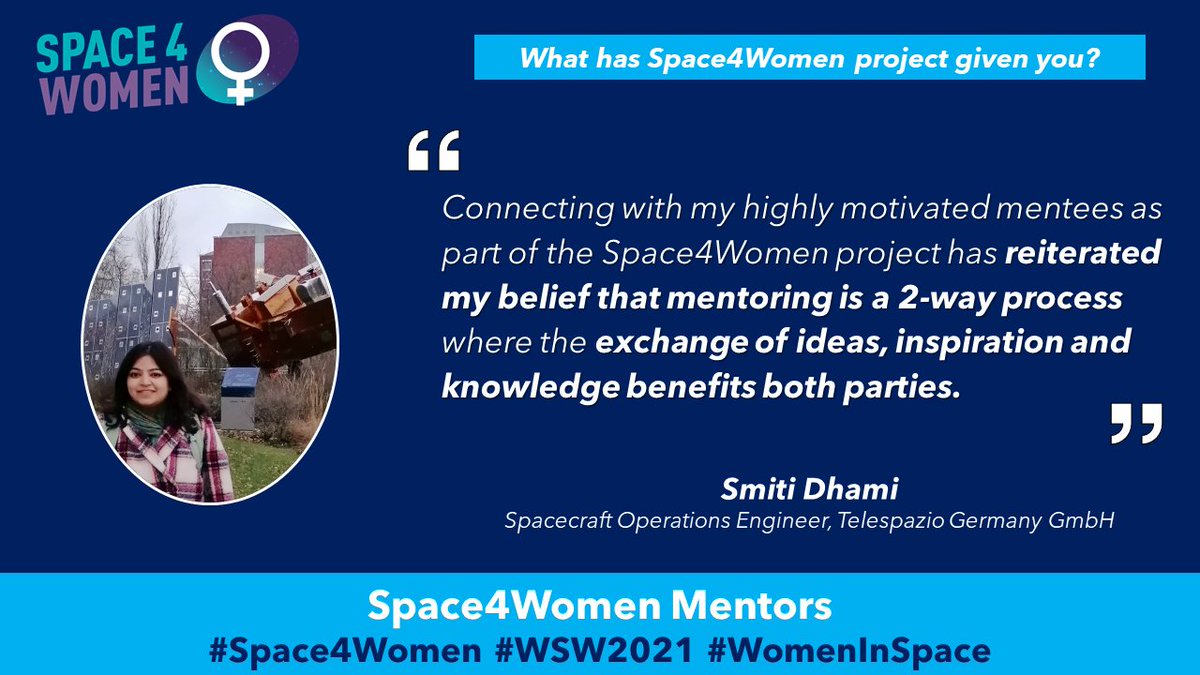 What has #Space4Women given to Smiti Dhami, Spacecraft Operations Engineer at <a href="/TelespazioGER/">Telespazio Germany</a>? Find out in this next post in the #WSW2021 #WomenInSpace series focused on our great mentors.

<a href="/Space4WomenOOSA/">UNOOSA Space4Women</a>