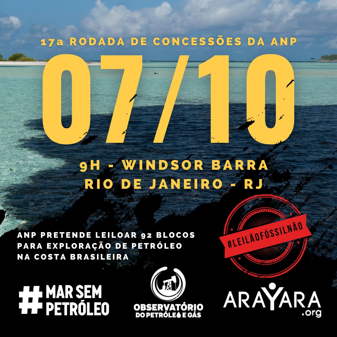 arayaraoficial's tweet photo. A Agência Nacional de Petróleo pretende leiloar nosso litoral nesta quinta-feira (07/10) no Rio de Janeiro.

#SalveNoronha https://t.co/mykyJPbPnC
#SOSLitoralSC https://t.co/ghARSmZ7W1
#SalveaBaleiaAzul https://t.co/MYYJer97LV https://t.co/IyExvXTOgq
