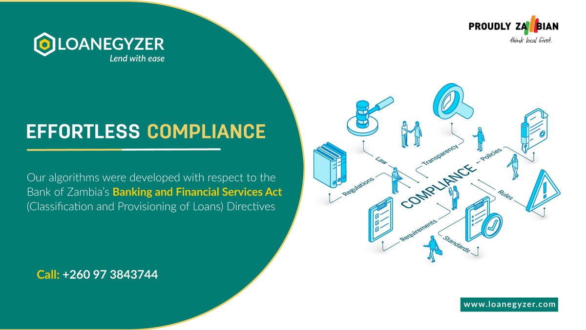 loanegyzer's tweet photo. Compliance has become a core business for financial institutions. Lenders should adopt a top-down approach in #compliance. 

#proudlyzambian #digitallending #automation #fintech #fintech4u #credit #innovation #future #regulations  #digitaltransformation #microfinance #software https://t.co/OtX7Cy1WQ2