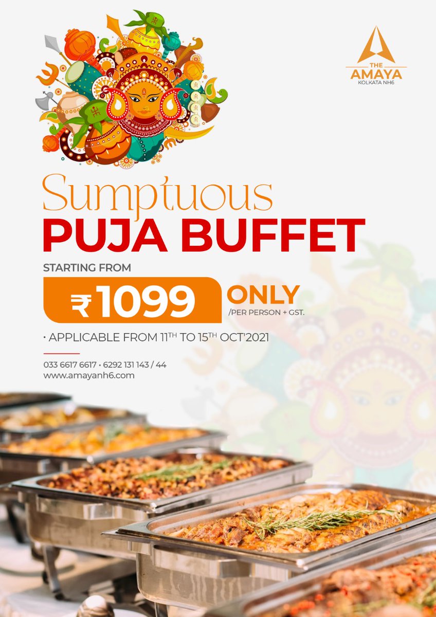 AmayaResort's tweet photo. Nothing brings people together like good food!

Take advantage of our sumptuous Puja Buffet starting from INR 1099 only per person exclusive of taxes only at #AmayaResortNH6.

This offer is applicable between the 11th and 15th of October, 2021. https://t.co/hQj51YteGf