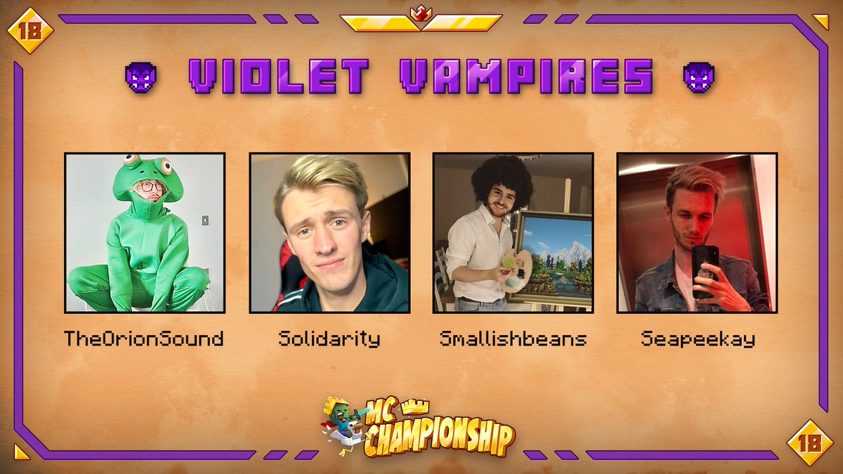 👑 Announcing team Violet Vampires 👑

@TheOrionSound @SolidarityCoUK @Smallishbeans @Seapeekay 

Watch them in MCC on Saturday October 23rd at 8pm BST!