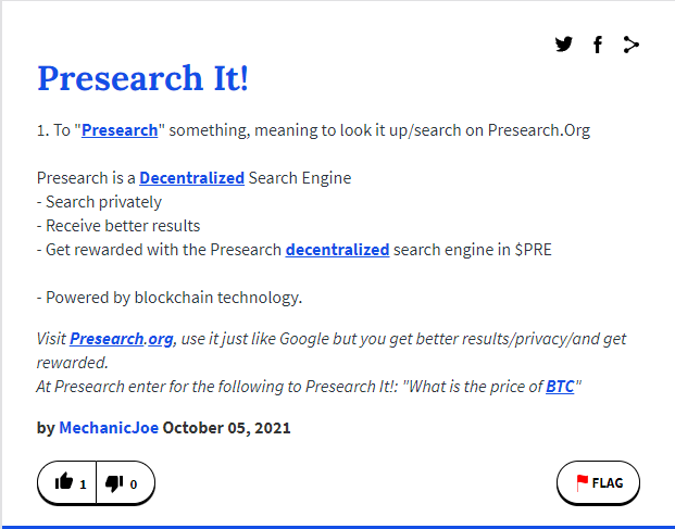 T_CRYPTOGARAGE's tweet photo. So I added 'Presearch It!' to UrbanDictionary

We don't say 'Google it!' anymore it's 'Presearch it!'

Uptick it here: https://t.co/K88Z67u51n

$PRE #presearch @presearchnews @TeamPresearch https://t.co/XZEhcC8CUH