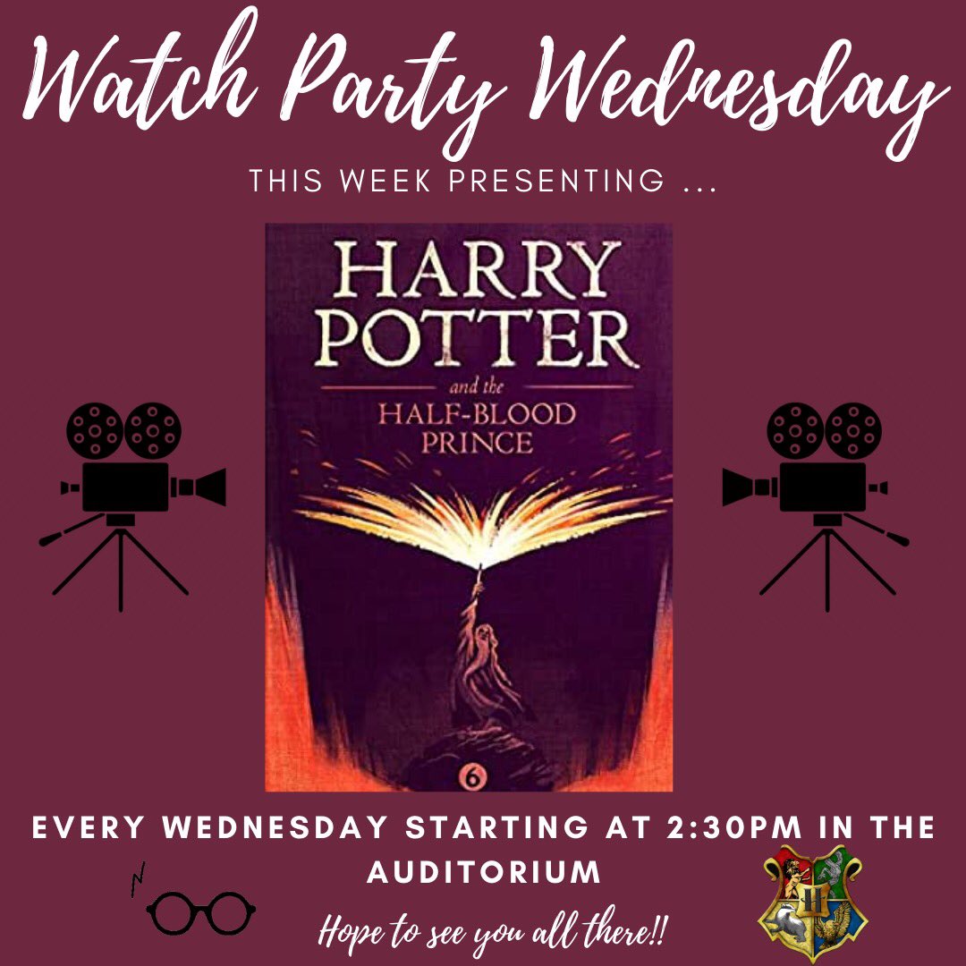 HSHSTheatre's tweet photo. Watch Party Wednesday is 🚨TODAY 🚨 @2:30 in the auditorium‼️ We're watching H.P. and the Half Blood Prince! 👑 See you there! 🙌 https://t.co/WvKChpdzr3