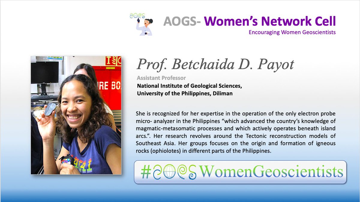 AogsWnc's tweet photo. Wednesday celebrations! ✨
This week @AogsWnc, we are celebrating the achievements of the highly inspirational mineralogist 
Prof. Betchaida D. Payot from the University of the Philippines Diliman @Official_UPD 

 Glad to have you onboard!
#AOGSWomenGeoscientists https://t.co/Ko0QCw7prf