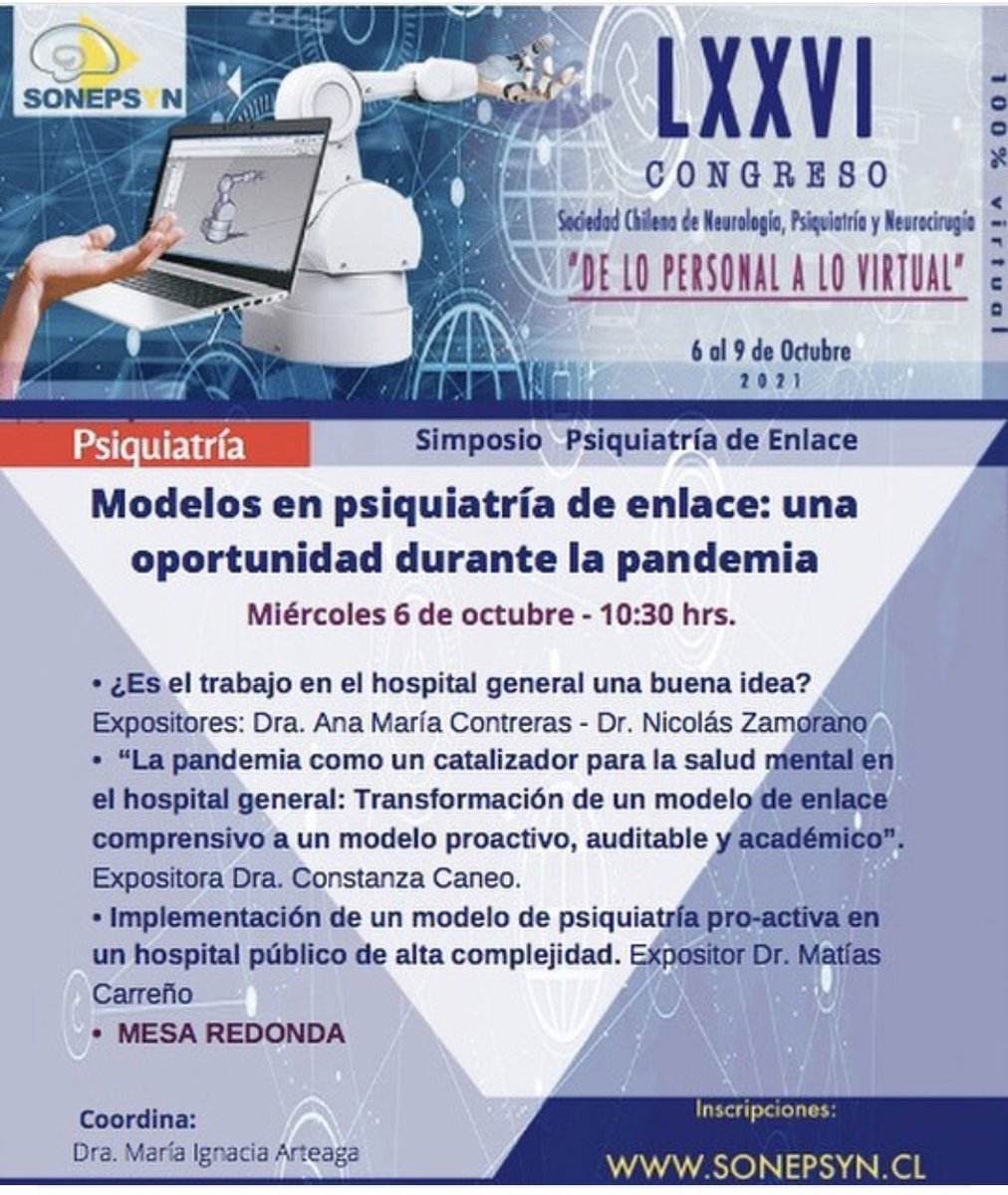EnlaceHBLT's tweet photo. Hoy presentamos nuestro modelo de #psiquiatríadeenlace proactivo en un hospital público de alta complejidad en el #CongresoSONEPSYN2021. 
No se pierda a @ConiCaneo, @anitacsls, Nicolás Zamorano y @matiascarreno. Modera @ignaciarodoni
@PsiqEnlaceUC @SonepsynChile @hblt_rsocial https://t.co/zZCpVlSllH