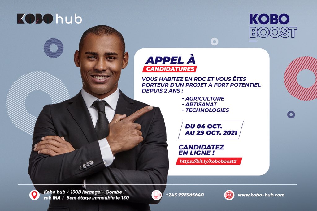 Suivre le programme d’accompagnement Kobo boost vous donne accès aux avantages suivants 
-Suivie personnalisée 
-Un espace de travail
-Un réseau d’expert et d’investisseurs
-Appui à la recherche de financement 

Postulez à partir de maintenant: bit.ly/koboboost2