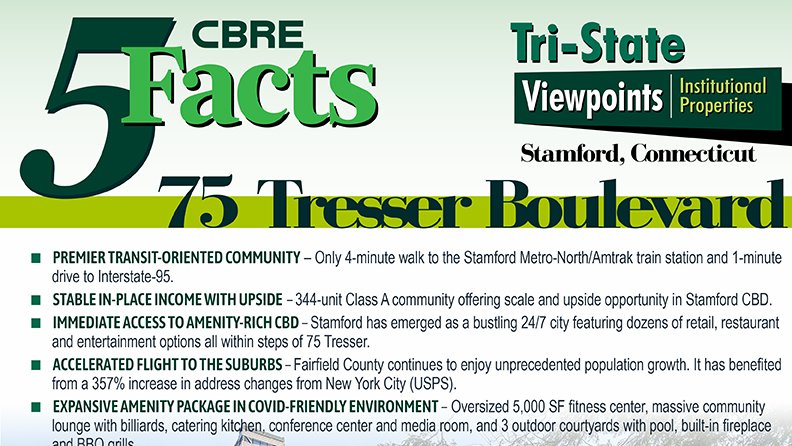 IGTriSuburbanIP's tweet photo. New to Market! CBRE has been retained as the exclusive advisor for the sale of 75 Tresser, a 344-unit Class A multifamily community located in downtown Stamford, CT. Contact David Gavin at 203-352-8944  #CBRE #CBRECapitalMarkets @IGTriSuburbanIP @CBRE.us/IGTristate @JNeuer19 https://t.co/5zFOeoUsFH