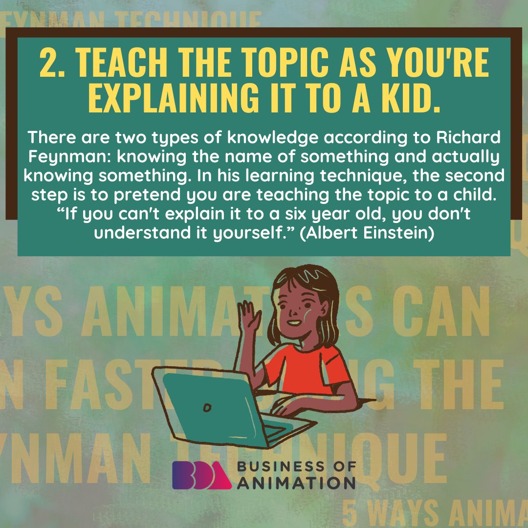animationbiz's tweet image. 2. Teach the topic as you're explaining it to a kid.
3. Identify what you do not know (knowledge gaps).

#FeynmanTechnique #AnimatorProductivity #ProductivityForAnimators #AnimatorLife #AnimatorsLife #AnimationBusiness #AnimatedBusiness #AnimatorsBusiness #AnimationStudio