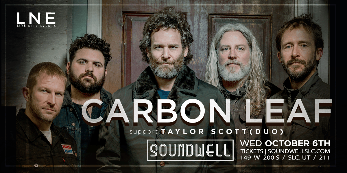 lnepresents's tweet photo. TONIGHT! ๐ @carbonleaf is taking over our Wednesday evening + playing at #SoundwellSLC LIVE with Taylor Scott Band!
DOORS @ 7PM
Grab your tickets at https://t.co/jDVJtALKda
#CarbonLeaf #SoundwellSLC https://t.co/2rkjwSHANZ