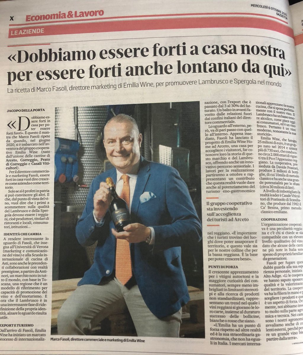 Confcoop_ER's tweet photo. VINO COOPERATIVO 🍷
Nuovi investimenti per fare crescere l'export di #Lambrusco e #Spergola.
Sull'inserto Economia&Lavoro di @gazzettaReggioE @gazzettamodena @nuovaferrara l'intervista al direttore marketing di Emilia Wine, Marco Fasoli. https://t.co/jhLYN1iq9X