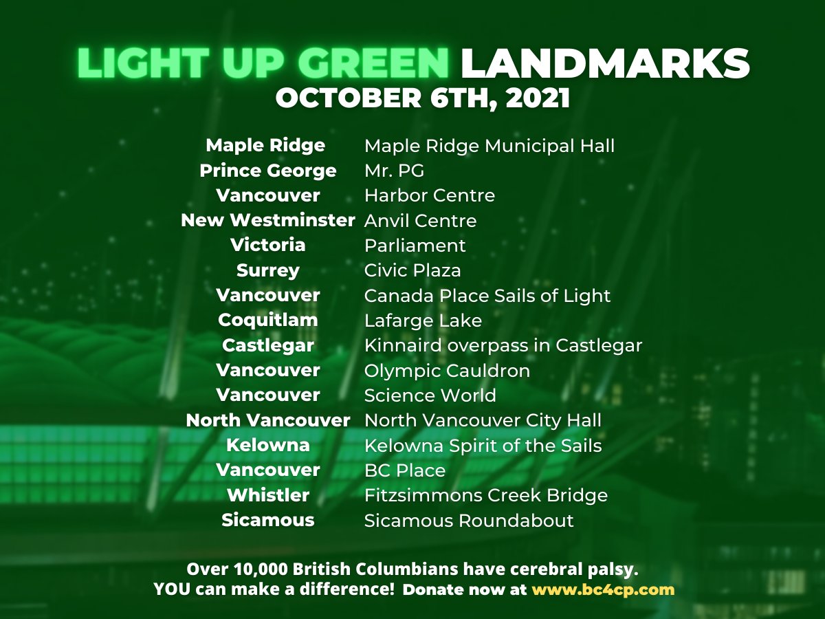 CTVYVRCommunity's tweet photo. Today is #WorldCPDay and 16 landmarks across BC will light up green to raise awareness for @CerebralPalsyBC! Make sure to take pictures if you are in the area and use the hashtag #BC4CP. https://t.co/tCx3WtaJMv