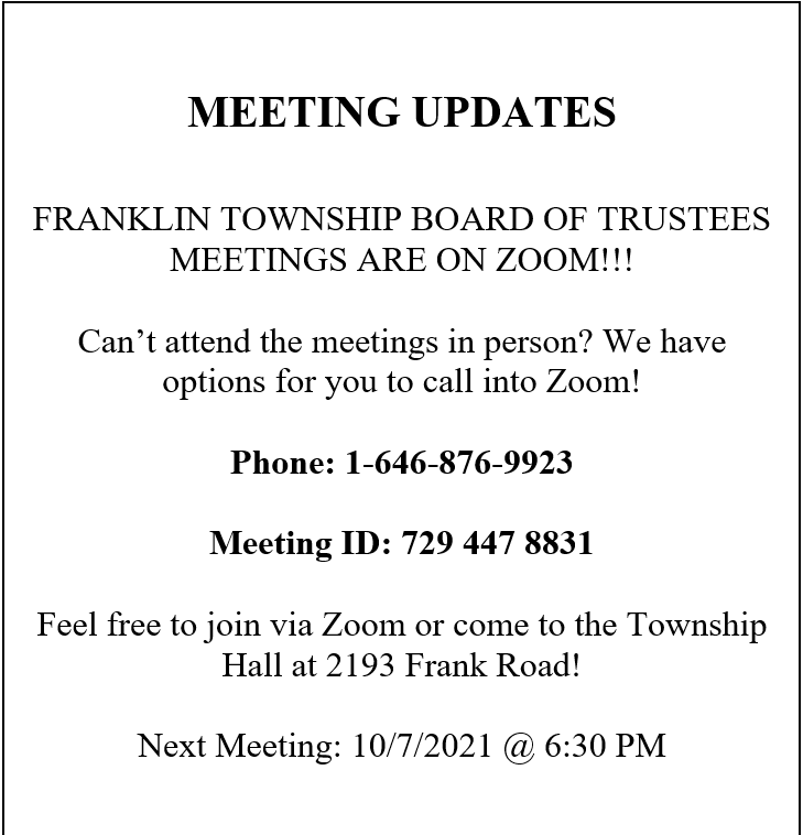Not able to attend meetings in person? No worries! The Township has created a Zoom Account for you to tune in for meetings! Here is the Zoom information for you. Feel free to join us via Zoom tomorrow at 6:30 PM!