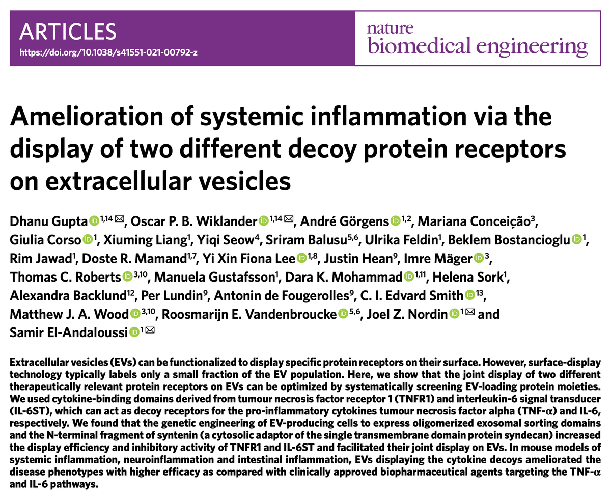 Amelioration of systemic inflammation via the display of two different decoy protein receptors on extracellular vesicles

nature.com/articles/s4155…