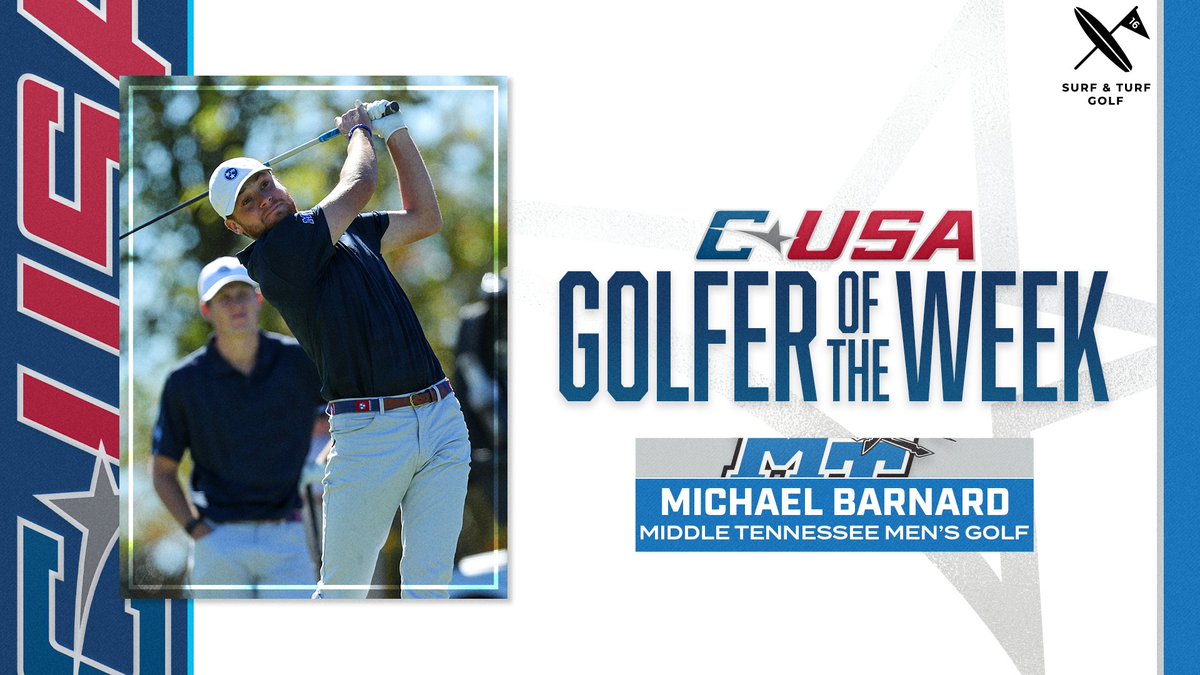 ConferenceUSA's tweet photo. 📢: Congratulations to @MT_MGolf’s Michael Barnanrd (@m_barn2), #CUSAGOLF Men’s Golfer of the Week presented by @surfandturfgolf! 🏌️‍♂️ 
🏅1️⃣ | #TheCUSAWay https://t.co/6HBxnpo13l