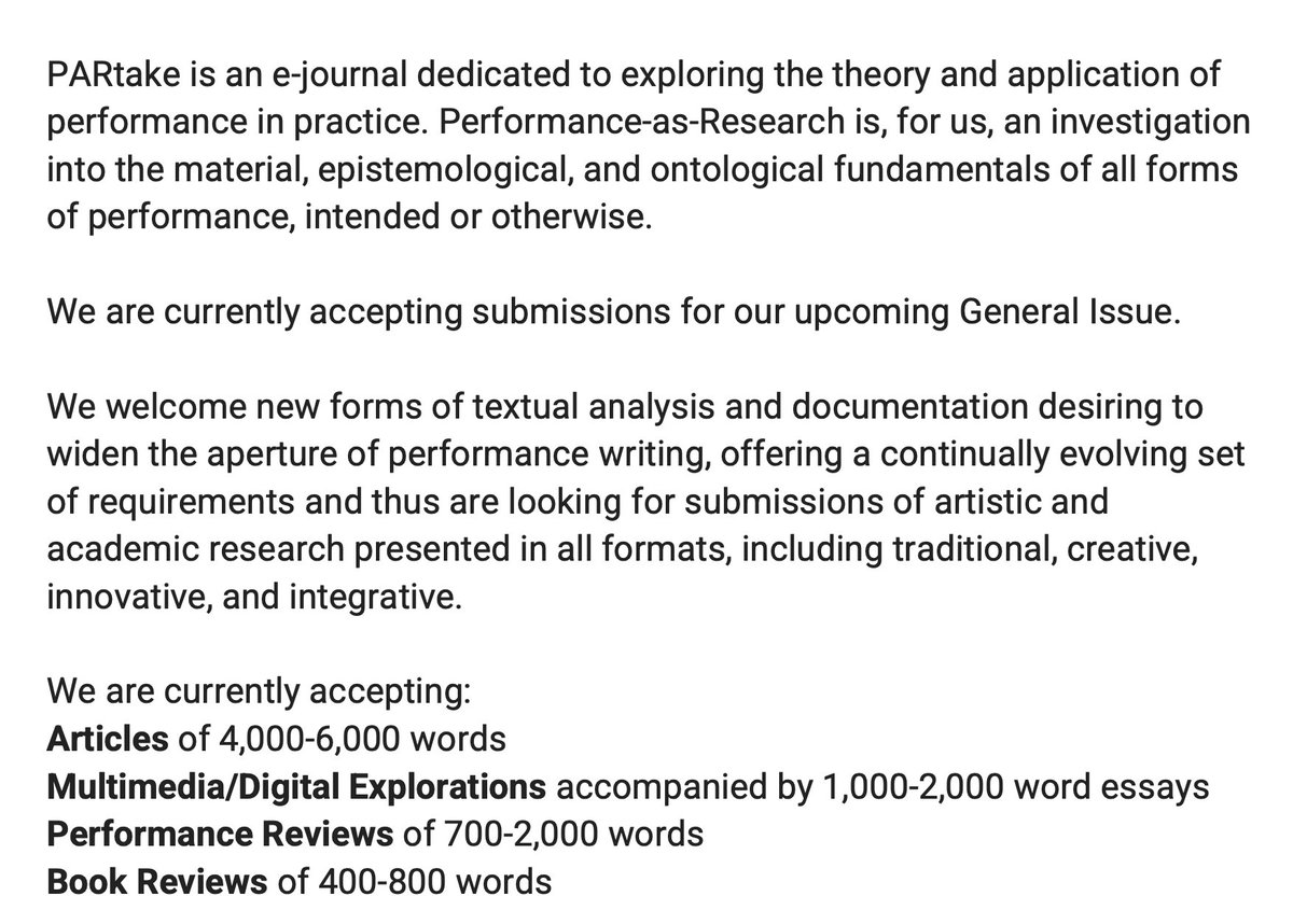 Two weeks! 
Send us your academic &amp; artistic research, your articles, multimedia explorations, &amp; book/performance reviews!
partakejournal.org/index.php/part…