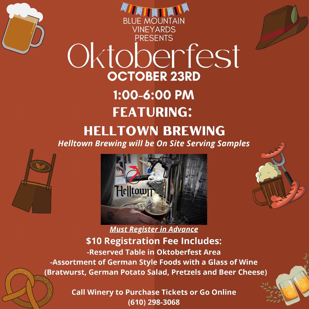 BlueMtWinery's tweet photo. Oktoberfest is happening here Saturday, October 23rd 1:00-6:00pm! 🍁 🍻
Featuring: Helltown Brewing
Must Register in Advance for a Reserved Table &amp; Oktoberfest Goodies! https://t.co/loocbIaIRU