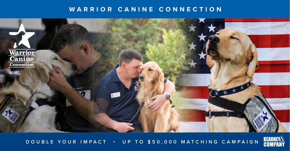 Kearneyandco's tweet image. Join Kearney in improving the lives of wounded veterans! We’re proud to match the first $50,000 in donations to @WarriorCanineCn! 

Join us in our ongoing efforts to improve the lives of wounded service members: lnkd.in/dWMPdZgX
