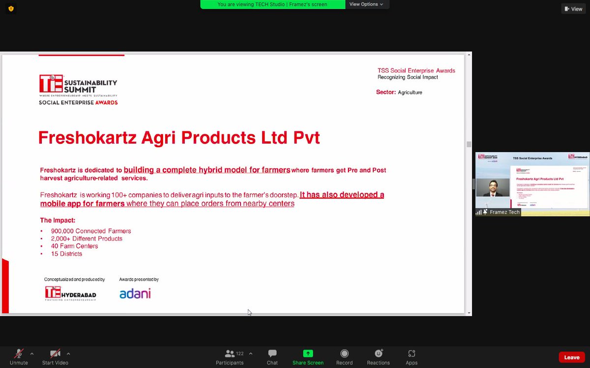 Happy to announce that Freshokartz won TSS Social Enterprise Global Award at World's biggest TiE Sustainability Summit 2021 organized by TiE, Hyderabad, and Sponsored by Adani Group. 

It was honored in the presence of 25,000+ global entrepreneurs attended from 50+ countries.